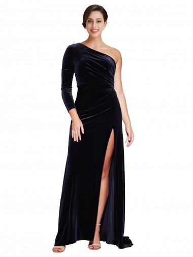 Desconto Marinha Negra Linha A Um Ombro Mangas Compridas Comboio Varredela Vestidos de Madrinha / Vestidos de Noite / Vestidos de Festa