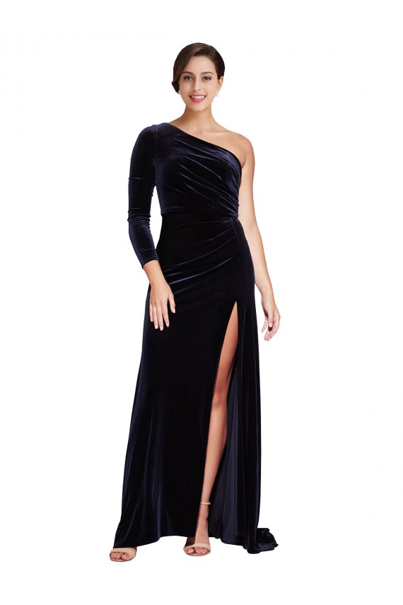 Desconto Marinha Negra Linha A Um Ombro Mangas Compridas Comboio Varredela Vestidos de Madrinha / Vestidos de Noite / Vestidos de Festa