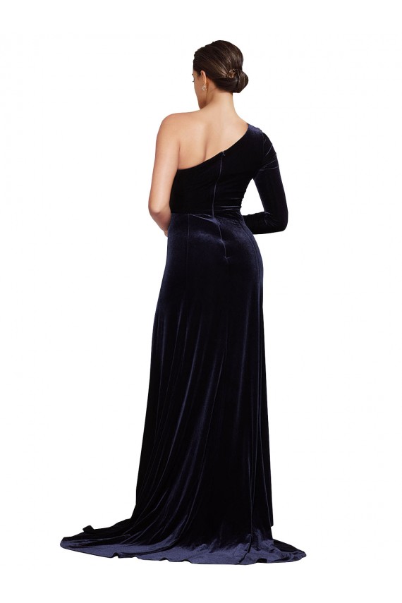Desconto Marinha Negra Linha A Um Ombro Mangas Compridas Comboio Varredela Vestidos de Madrinha / Vestidos de Noite / Vestidos de Festa