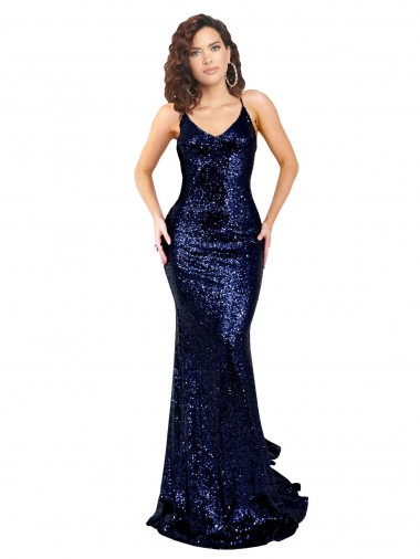 Desconto Marinha Negra Sereia Decote V Sem Mangas Comprimento Chão Lantejoulas Vestidos de Madrinha / Vestidos de Noite / Vestidos de Festa