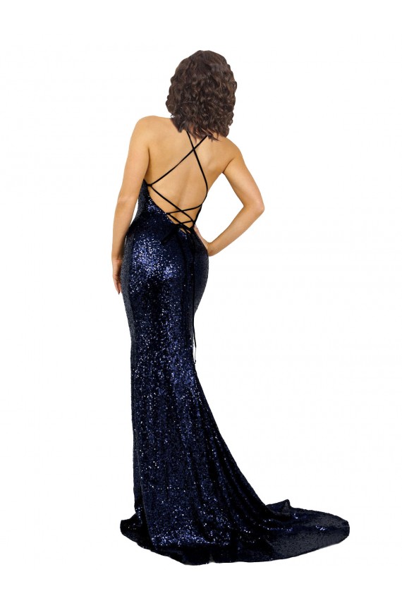 Desconto Marinha Negra Sereia Decote V Sem Mangas Comprimento Chão Lantejoulas Vestidos de Madrinha / Vestidos de Noite / Vestidos de Festa