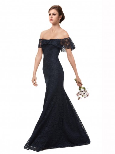 Desconto Marinha Negra Sereia Fora do Ombro Mangas Esvoaçantes Comprimento Chão Vestidos de Madrinha / Vestidos de Festa