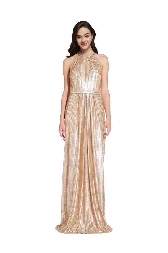 Desconto Ouro Bainha Cabeçada Sem Mangas Comprimento Chão Vestidos de Madrinha / Vestidos de Noite / Vestidos de Festa