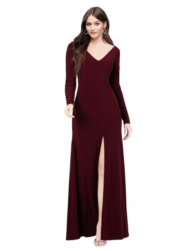 Desconto Ouro Borgonha Bainha Decote V Mangas Compridas Comprimento Chão Vestidos de Madrinha / Vestidos de Festa
