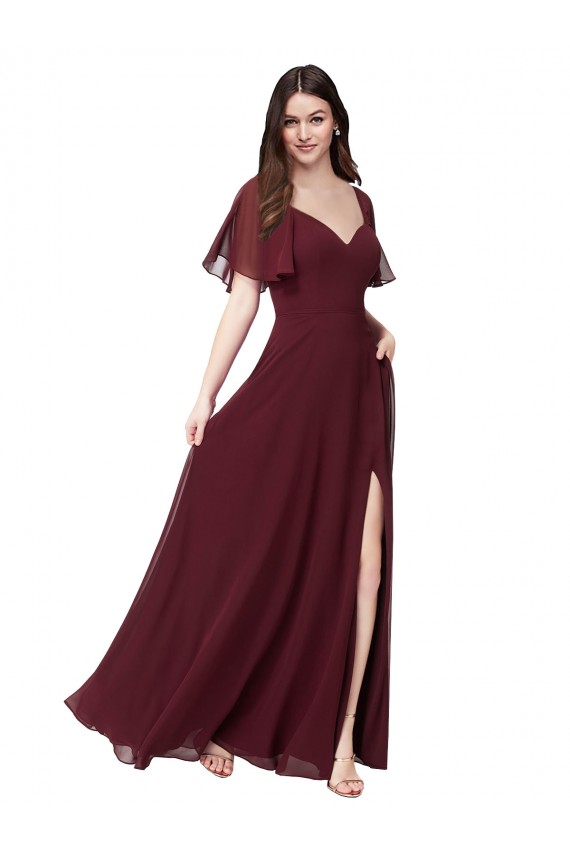 Desconto Ouro Borgonha Linha A Amor Mangas Esvoaçantes, Mangas Curtas Comprimento Chão Vestidos de Madrinha