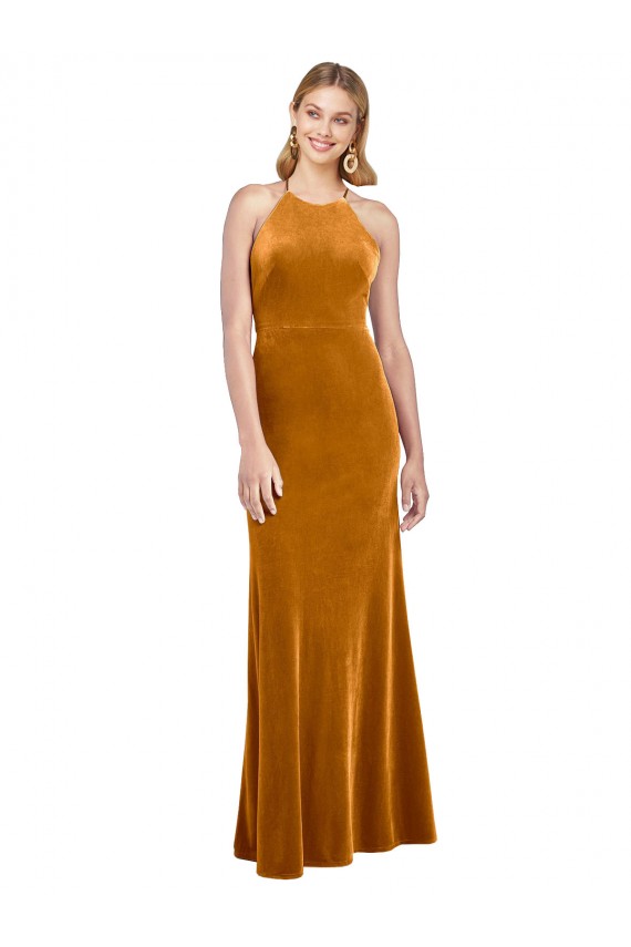 Desconto Ouro Linha A Cabeçada Sem Mangas Comprimento Chão Vestidos de Madrinha / Vestidos de Noite / Vestidos de Festa