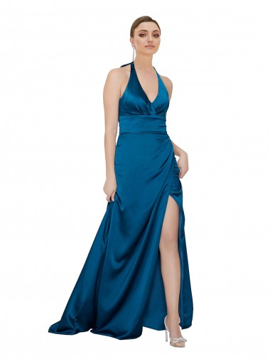 Desconto Pavão Azul Linha A Cabeçada Sem Mangas Comprimento Chão Vestidos de Madrinha / Vestidos de Noite / Vestidos de Festa