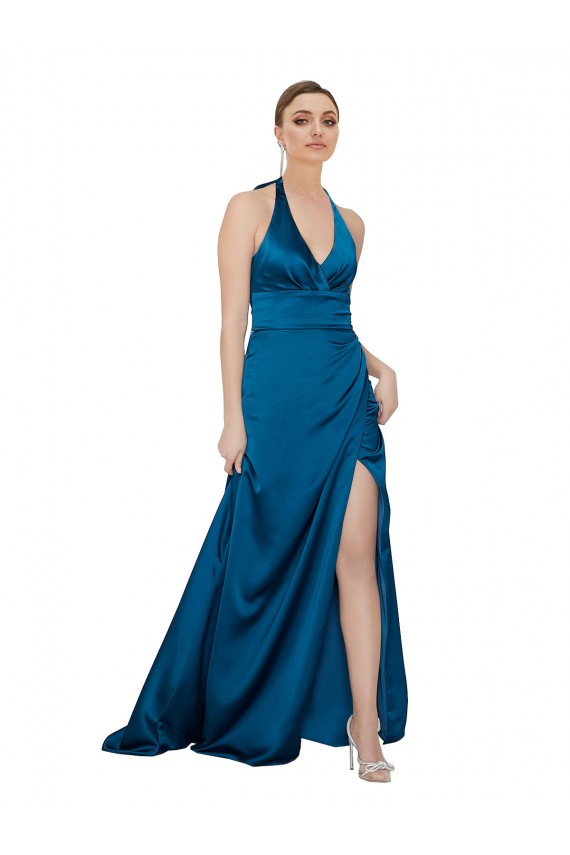 Desconto Pavão Azul Linha A Cabeçada Sem Mangas Comprimento Chão Vestidos de Madrinha / Vestidos de Noite / Vestidos de Festa