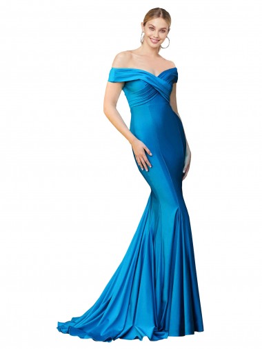Desconto Pavão Azul Sereia Fora do Ombro Sem Mangas Comprimento Chão Vestidos de Madrinha / Vestidos de Noite / Vestidos de Festa