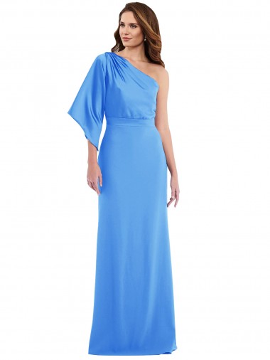 Desconto Pavão Azul Trombeta Um Ombro Mangas Sino Comprimento Chão Vestidos de Madrinha / Vestidos de Festa
