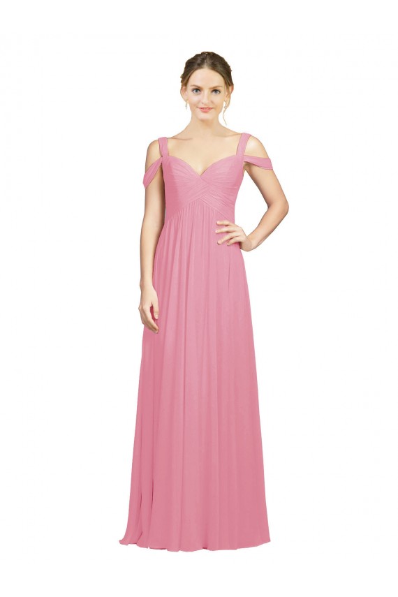 Desconto Pele Rosa Linha A Fora do Ombro Sem Mangas Comprimento Chão Vestidos de Madrinha