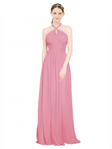 Desconto Pele Rosa Linha A Cabeçada Sem Mangas Comprimento Chão Chiffon Vestidos de Madrinha