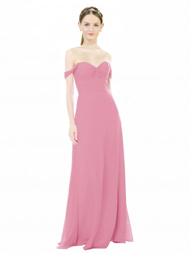 Desconto Pele Rosa Linha A Fora do Ombro Mangas Curtas Comprimento Chão Vestidos de Madrinha
