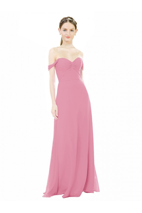 Desconto Pele Rosa Linha A Fora do Ombro Mangas Curtas Comprimento Chão Vestidos de Madrinha