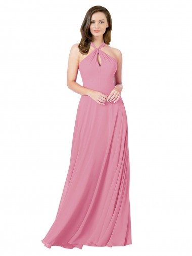Desconto Pele Rosa Linha A Cabeçada Sem Mangas Comprimento Chão Vestidos de Madrinha / Vestidos de Festa
