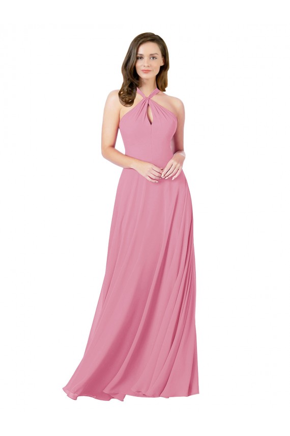 Desconto Pele Rosa Linha A Cabeçada Sem Mangas Comprimento Chão Vestidos de Madrinha / Vestidos de Festa