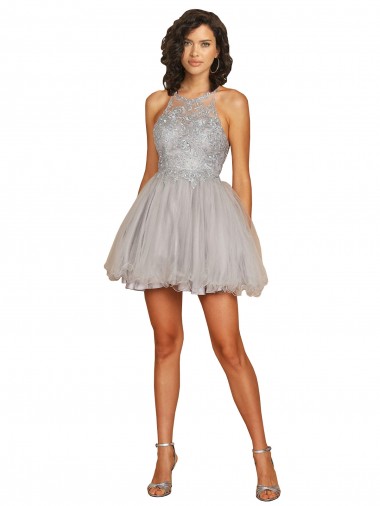 Desconto Prata Linha A Cabeçada Sem Mangas Curto Vestidos de Madrinha / Vestidos de Cocktail / Vestidos de Homecoming