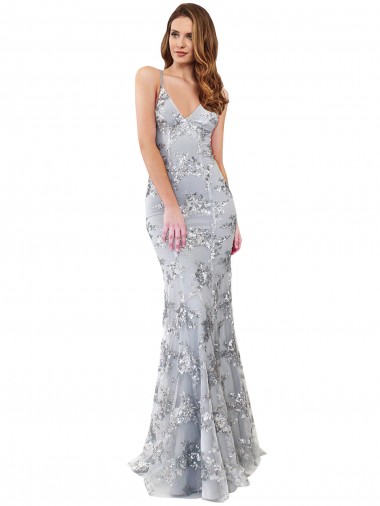 Desconto Prata Sereia Decote V Sem Mangas Comprimento Chão Vestidos de Madrinha / Vestidos de Noite / Vestidos de Festa