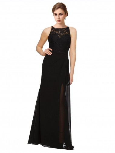 Desconto Preto Bainha Decote Alto Sem Mangas Comprimento Chão Vestidos de Madrinha