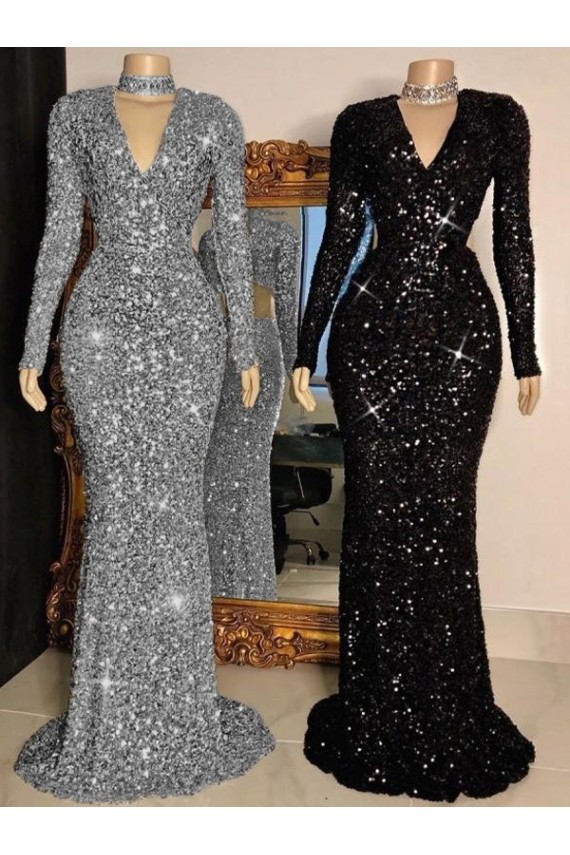 Desconto Preto Bainha Decote V Mangas Compridas Comboio Varredela Vestidos de Festa