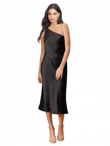 Desconto Preto Bainha Um Ombro Sem Mangas Comprimento Midi Vestidos de Madrinha / Vestidos de Noite / Vestidos de Festa