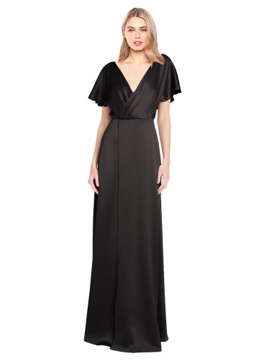 Desconto Preto Linha A Decote V Mangas Curtas Comprimento Chão Vestidos de Madrinha / Vestidos de Noite / Vestidos de Festa