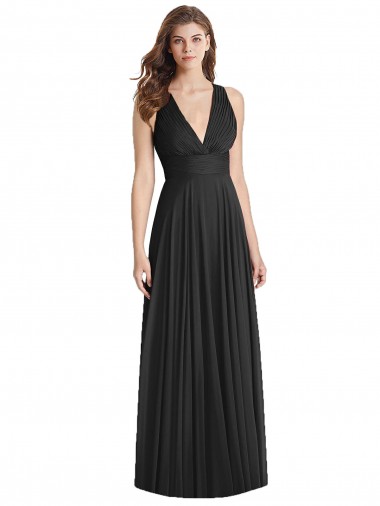 Desconto Preto Linha A Decote V Sem Mangas Comprimento Chão Chiffon Vestidos de Madrinha