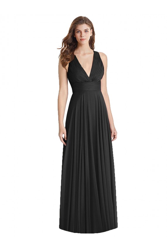 Desconto Preto Linha A Decote V Sem Mangas Comprimento Chão Chiffon Vestidos de Madrinha