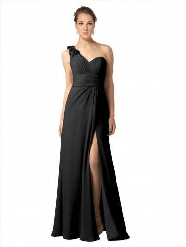 Desconto Preto Linha A Um Ombro Sem Mangas Comprimento Chão Vestidos de Festa / Vestidos de Madrinha