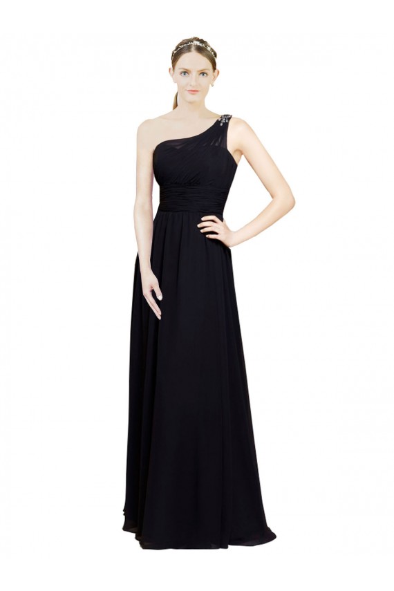 Desconto Preto Linha A Um Ombro Sem Mangas Comprimento Chão Vestido de Festa / Vestido de Madrinha