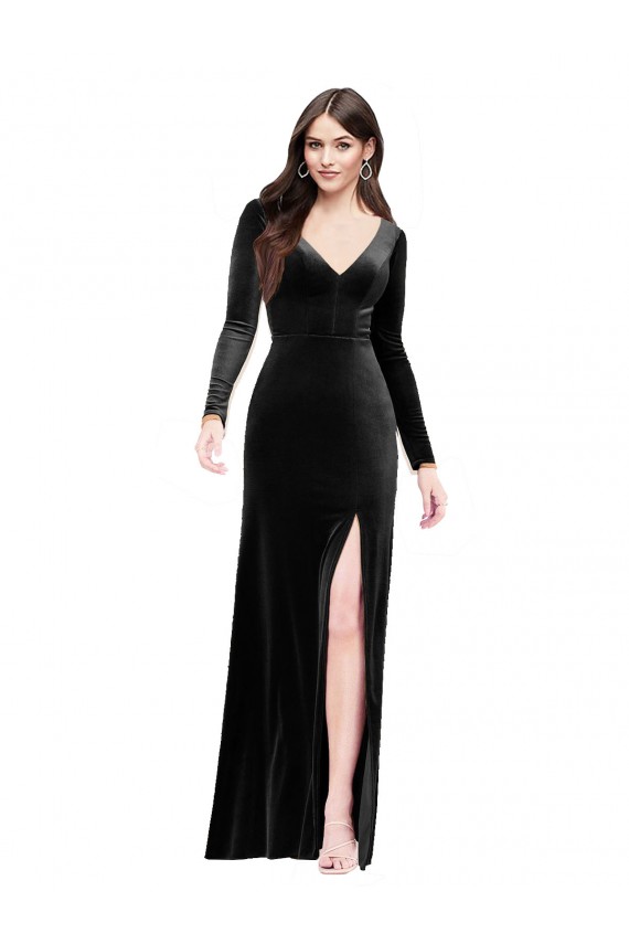 Desconto Preto Coluna Decote V Mangas Compridas Comprimento Chão Vestidos de Madrinha / Vestidos de Noite / Vestidos de Festa