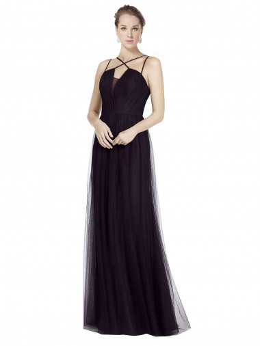 Desconto Preto Linha A Alças finas Sem Mangas Comprimento Chão Vestido de Madrinha