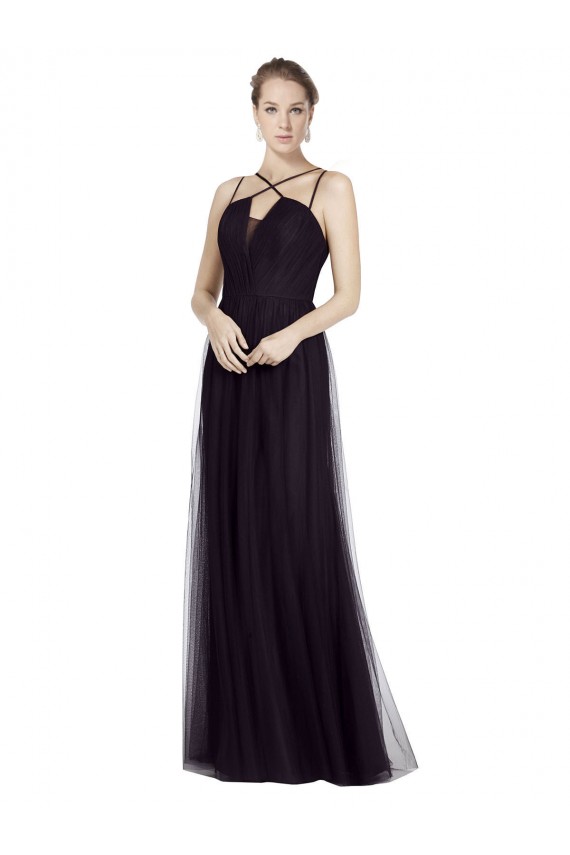 Desconto Preto Linha A Alças finas Sem Mangas Comprimento Chão Vestido de Madrinha