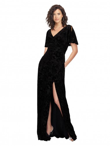 Desconto Preto Linha A Decote V Mangas Curtas, Mangas Divididas Comprimento Chão Vestidos de Madrinha