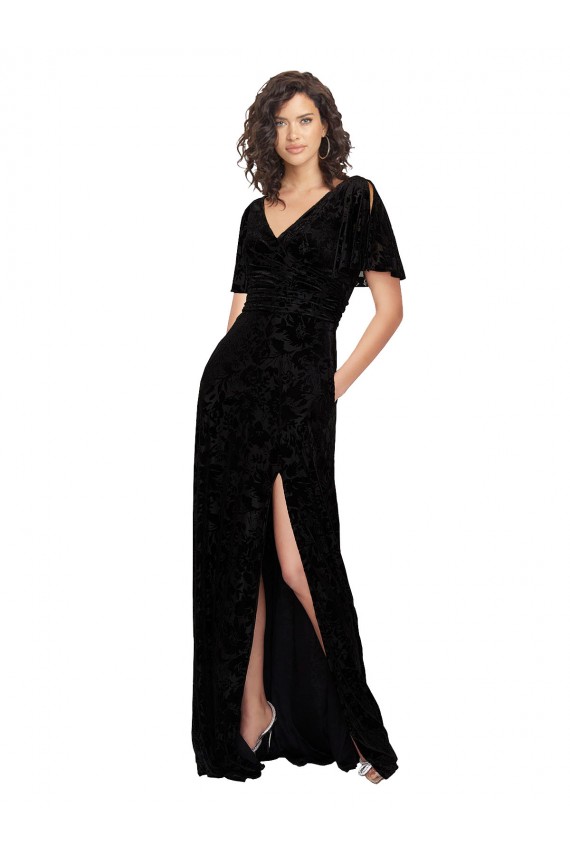 Desconto Preto Linha A Decote V Mangas Curtas, Mangas Divididas Comprimento Chão Vestidos de Madrinha