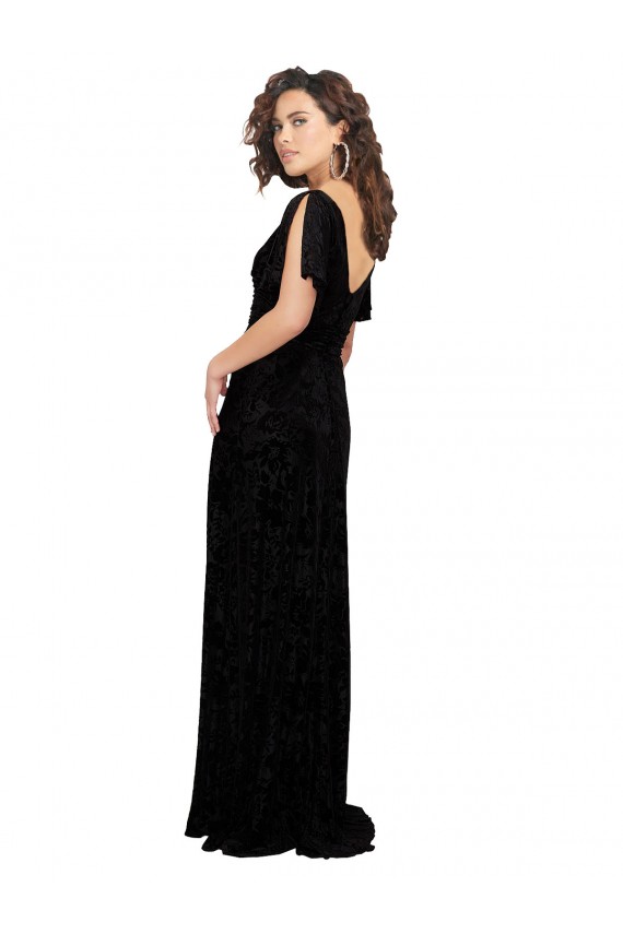 Desconto Preto Linha A Decote V Mangas Curtas, Mangas Divididas Comprimento Chão Vestidos de Madrinha