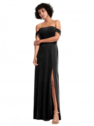 Desconto Preto Linha A Fora do Ombro Sem Mangas Comprimento Chão Veludo Elástico Vestidos de Madrinha / Vestidos de Noite / Vestidos de Festa
