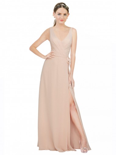 Desconto Rosa 114# Linha A Decote V Sem Mangas Comprimento Chão Vestidos de Madrinha