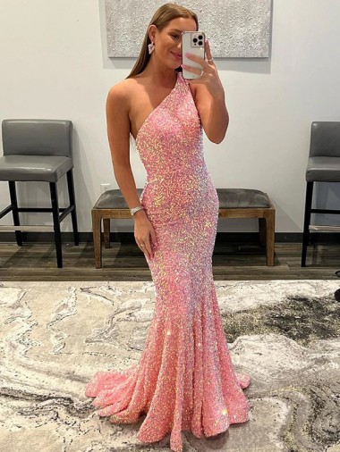 Desconto Rosa Bainha Um Ombro Sem Mangas Comboio Varredela Vestidos de Festa