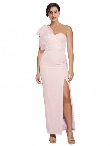 Desconto Rosa Bainha Um Ombro Sem Mangas Comprimento Chão Crepe Esticado Vestidos de Madrinha / Vestidos de Noite / Vestidos de Festa
