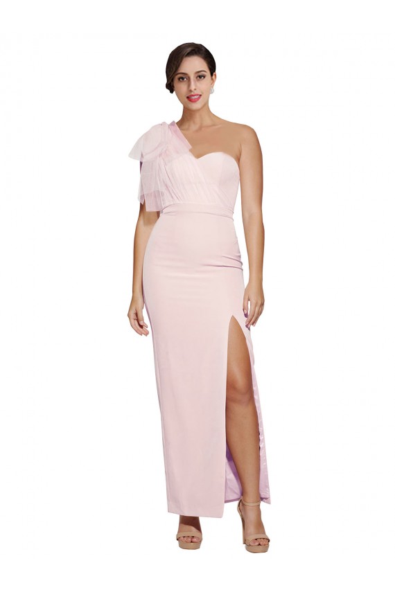 Desconto Rosa Bainha Um Ombro Sem Mangas Comprimento Chão Crepe Esticado Vestidos de Madrinha / Vestidos de Noite / Vestidos de Festa