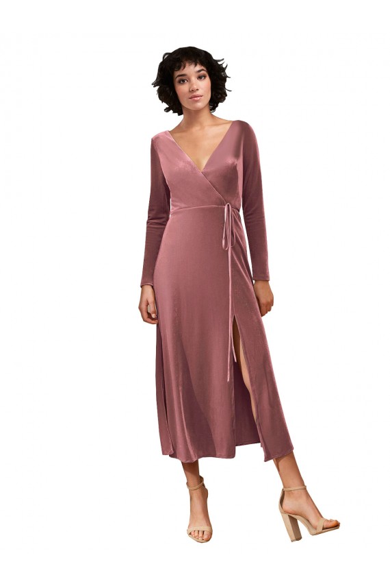 Desconto Rosa Canela Linha A Decote V Mangas Compridas Comprimento Midi Vestidos de Madrinha / Vestidos de Festa
