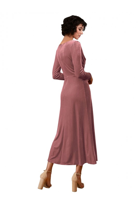 Desconto Rosa Canela Linha A Decote V Mangas Compridas Comprimento Midi Vestidos de Madrinha / Vestidos de Festa