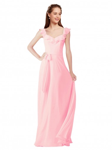 Desconto Rosa Linha A Decote V Mangas Curtas Comprimento Chão Vestidos de Madrinha