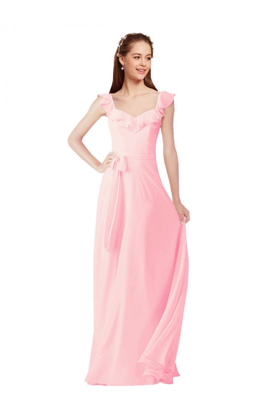 Desconto Rosa Linha A Decote V Mangas Curtas Comprimento Chão Vestidos de Madrinha