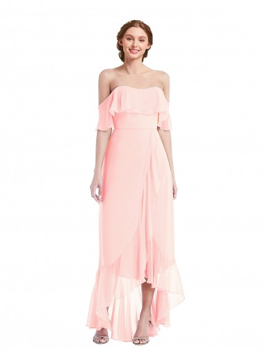 Desconto Rosa Linha A Fora do Ombro Sem Mangas Comprimento Chão Alto Baixo, Vestidos de Madrinha