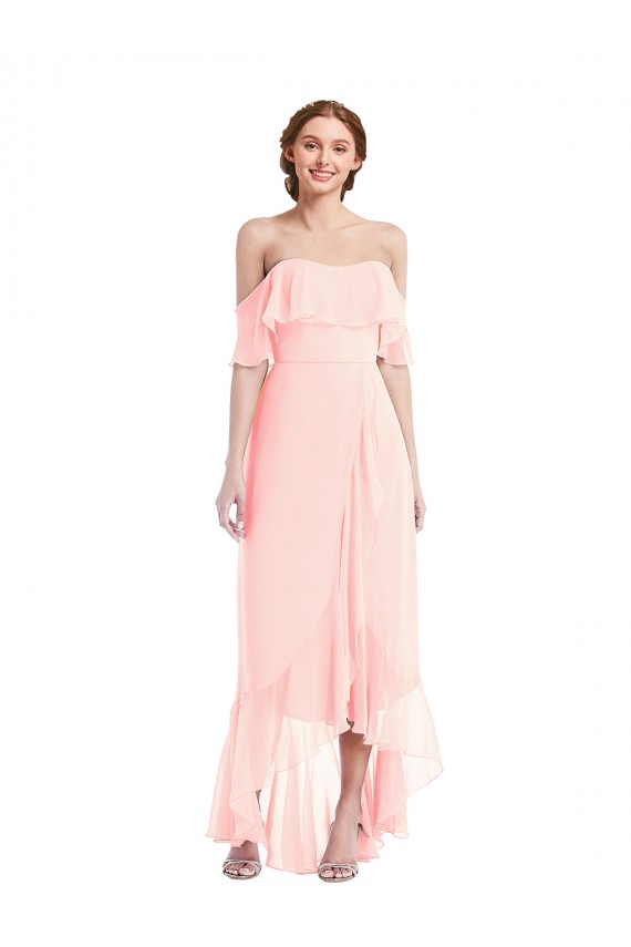 Desconto Rosa Linha A Fora do Ombro Sem Mangas Comprimento Chão Alto Baixo, Vestidos de Madrinha