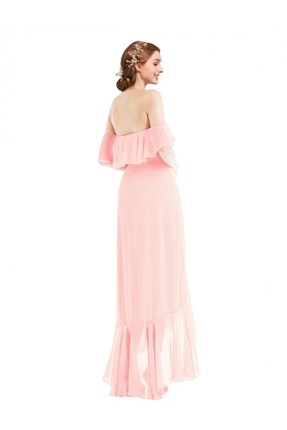 Desconto Rosa Linha A Fora do Ombro Sem Mangas Comprimento Chão Alto Baixo, Vestidos de Madrinha