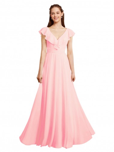 Desconto Rosa Linha A Decote V Mangas Curtas Comprimento Chão Longo Vestidos de Madrinha