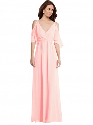 Desconto Rosa Linha A Decote V Ombro Frio Comprimento Chão Vestidos de Madrinha
